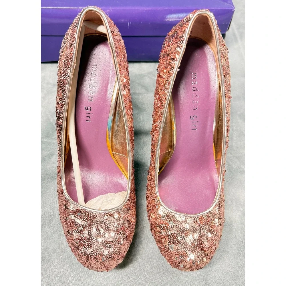 Madden Girl Trebel Womens 7 Rose Gold Sequin Platform Heels Pumps